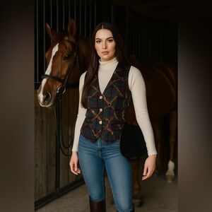 Vintage Jones New York Sport Plaid Vest Brit Bridle SZ Medium Equestrian EUC